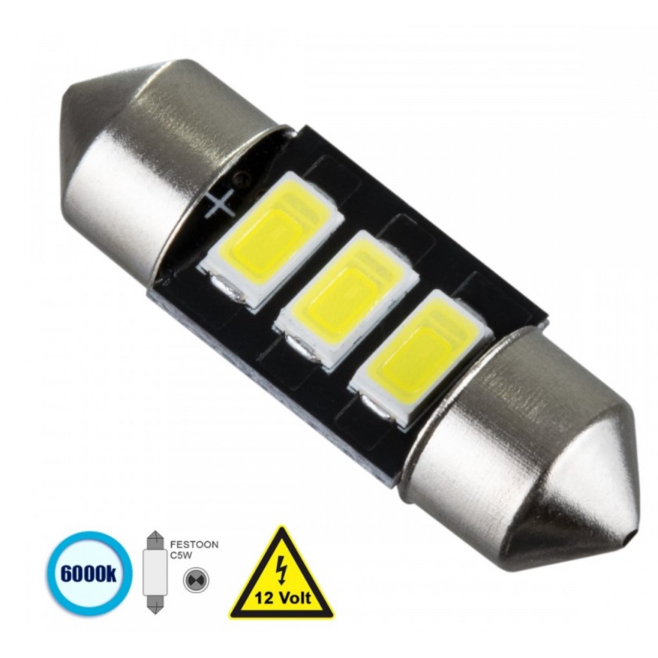 GloboStar® 81301 Λάμπα Αυτοκίνητου 31mm FESTOON - C5W LED 3 SMD 5630 1.5W 225lm 120° DC 12V IP20 Ψυχρό Λευκό 6000K - 6060