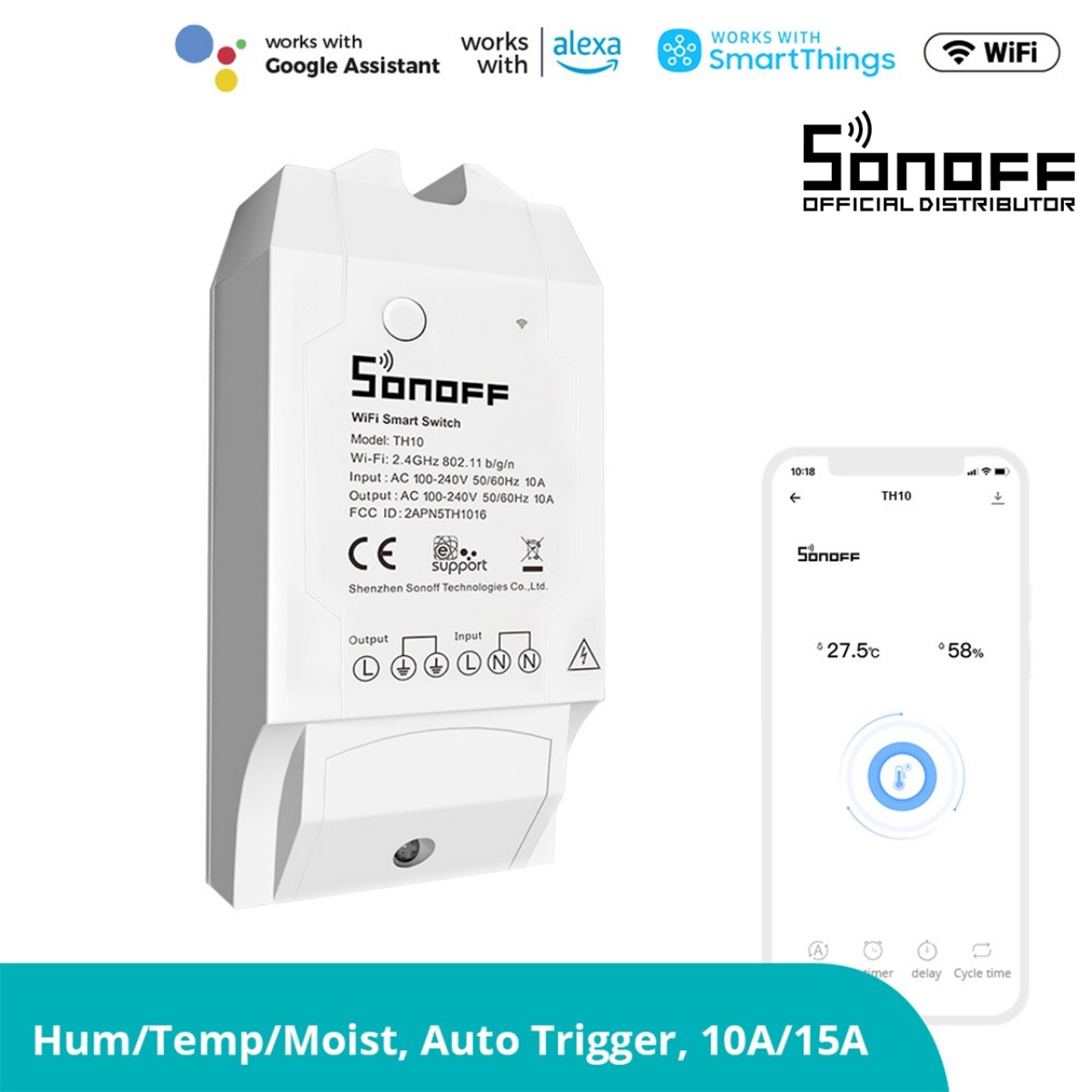 GloboStar® 80008 SONOFF TH10-R2 - Wi-Fi Smart Switch Temperature & Humidity Monitoring 10A - 6162