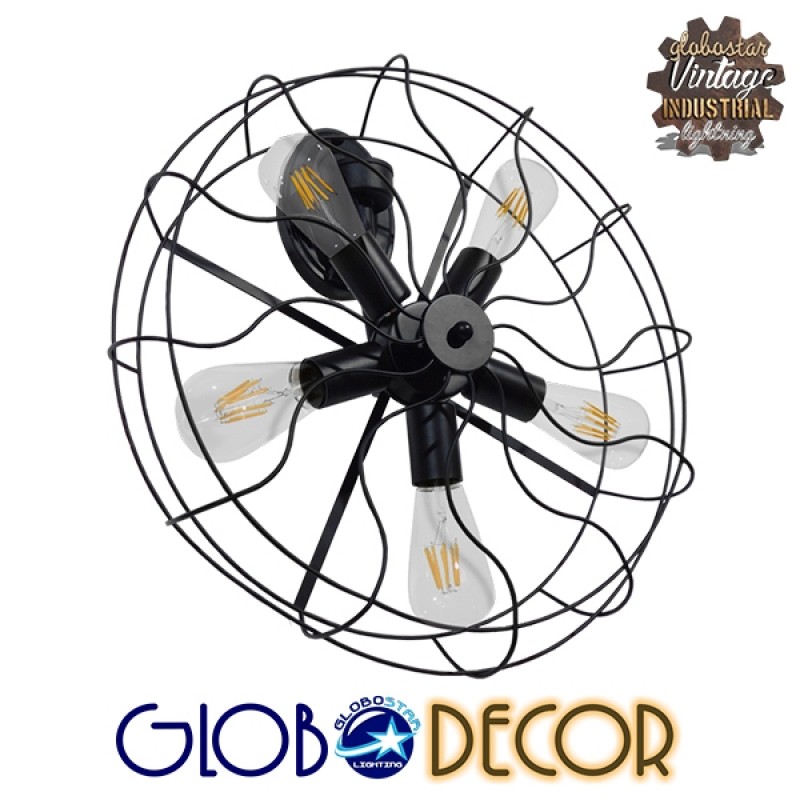 GloboStar® FAN 01163 Vintage Industrial Φωτιστικό Τοίχου Απλίκα Πολύφωτο Μαύρο Μεταλλικό Πλέγμα Φ46 x Μ22 x Π46 x Υ46cm - 6567