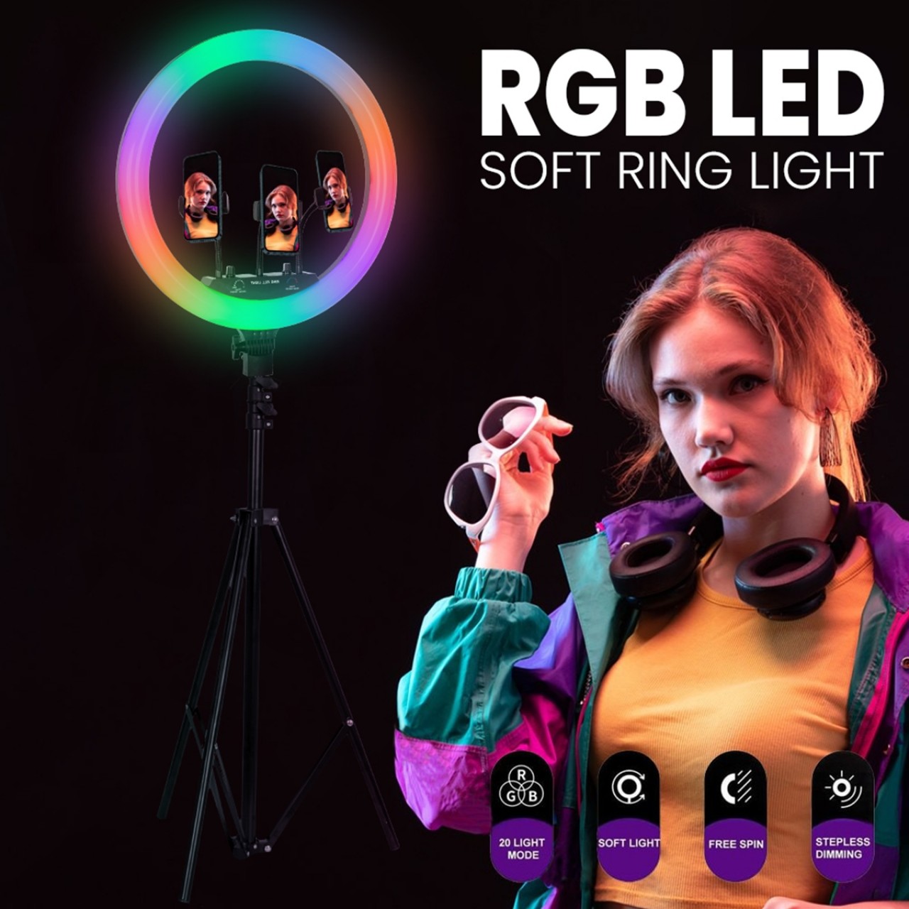 Ring Light Φ36cm LED SMD 50W 5000lm 180° DC 5V με Καλώδιο Τροφοδοσίας USB Ενσωματωμένο και Ασύρματο Χειριστήριο & 3 Βάσεις Τηλεφώνου RGBW+WW 5434