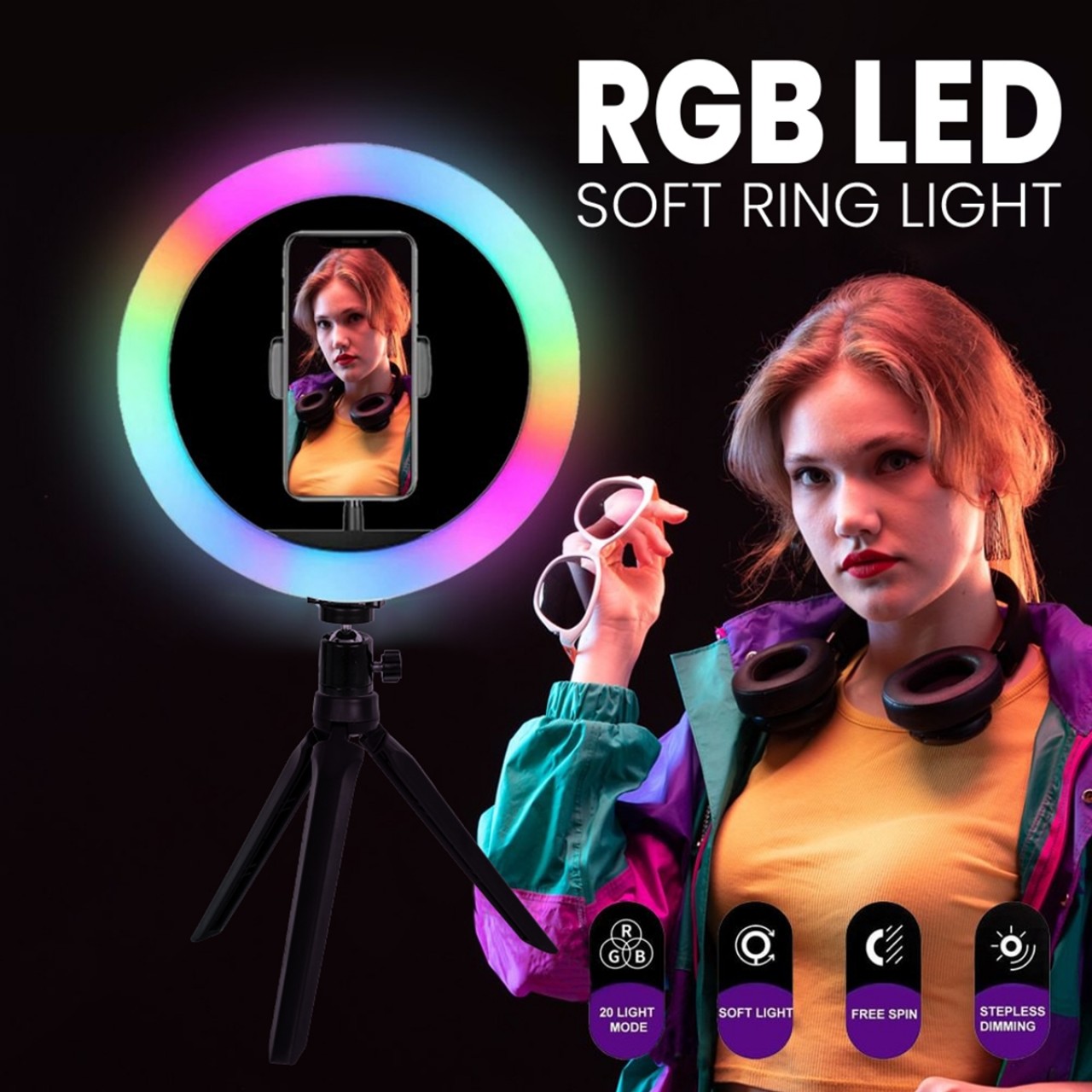 Ring Light Φ26cm LED SMD 30W 3000lm 180° DC 5V με Καλώδιο Τροφοδοσίας USB Ενσωματωμένο Χειριστήριο & 1 Βάση Τηλεφώνου - RGBW+WW -5435