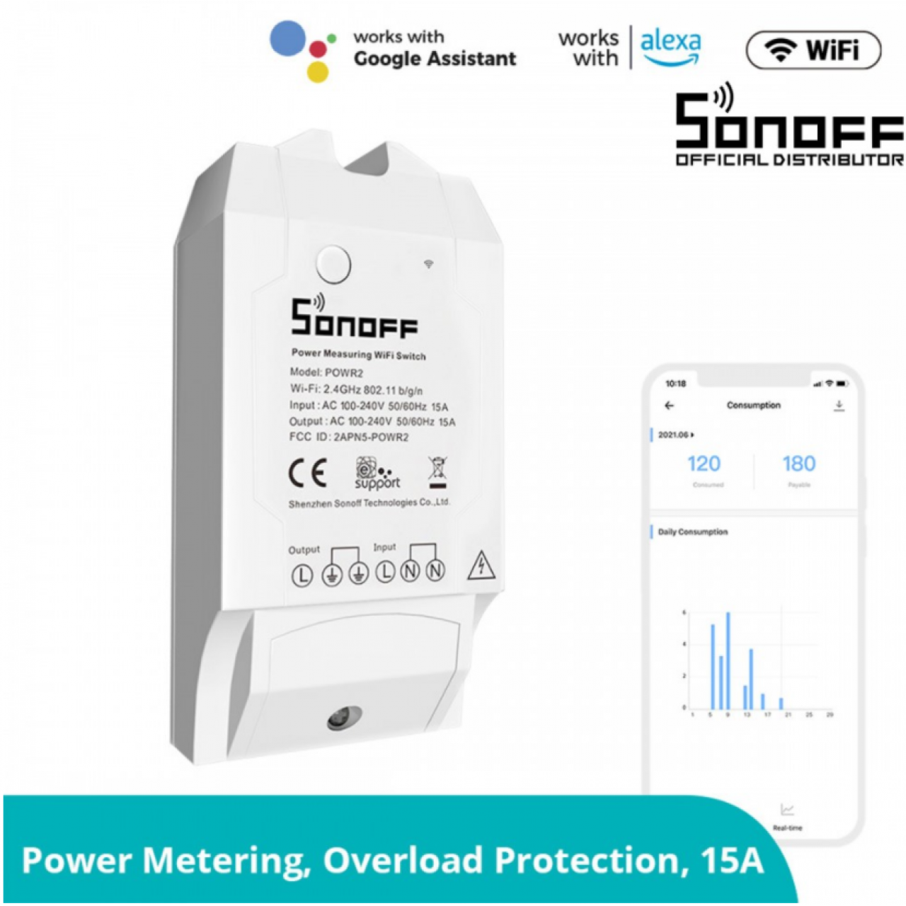 GloboStar® 80007 SONOFF POWR2 - Wi-Fi Smart Switch Power Measuring - 5853