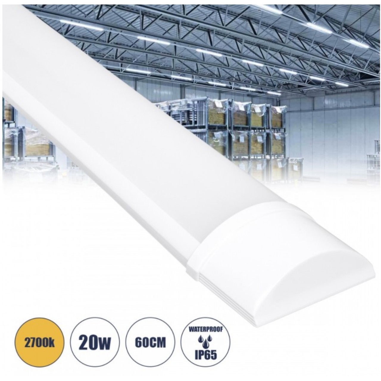 GloboStar® 60157 LED Γραμμικό Βιομηχανικό Φωτιστικό Tri-Proof 60cm 20W 1808lm 120° AC 220-240V Αδιάβροχο IP65 Μ60 x Π7.5 x Υ2.5cm Θερμό Λευκό 2700K - 6066