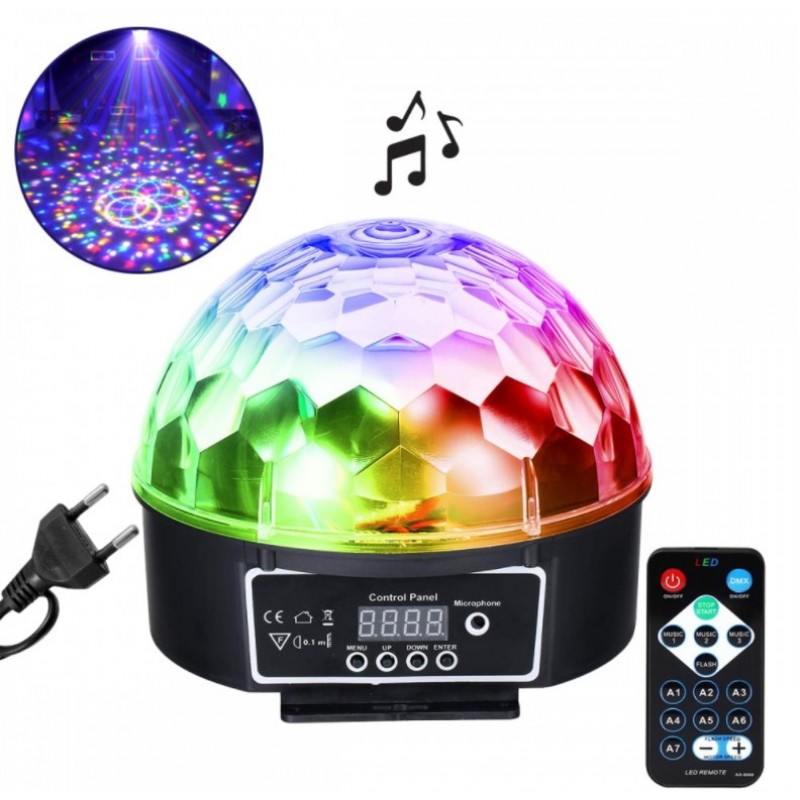 GloboStar® 79602 LED Party Disco Μπάλα με Περιστρεφόμενα Φωτορυθμικά Εφέ Πολύχρωμη RGB DMX512 20W με Sound Control Activated Εφέ και με Ασύρματο Χειριστήριο AC 230V IP20 Φ17 x Υ15cm - 6067