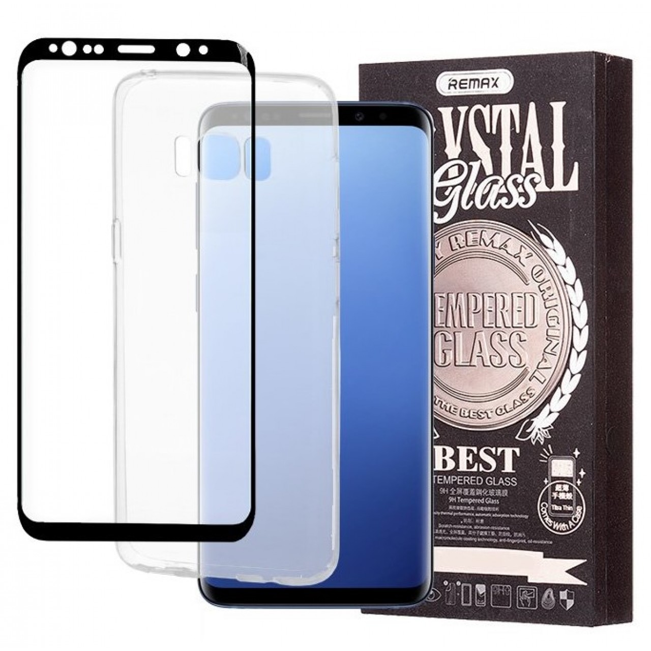 Tempered Glass για Samsung Galaxy S8 Plus ( G955 ) 9H Full Cover 3D Curved Edge Μαύρο + Θήκη Σιλικόνης TPU Ultra Slim Διάφανη - 4054 - Remax