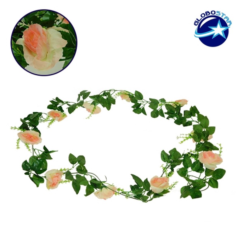 GloboStar® 09003 Τεχνητό Κρεμαστό Φυτό Διακοσμητική Γιρλάντα Μήκους 2.2 μέτρων με 10 X Μεγάλα Τριαντάφυλλα Ροζ - 6619