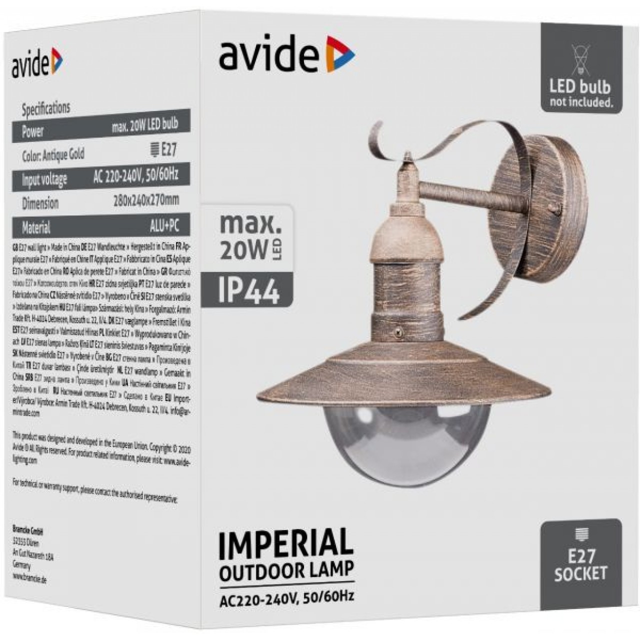 Avide Εξωτερικό Φωτιστικό Τοίχου Imperial 1xE27 IP44 Αντίκα Χρυσό - 6743