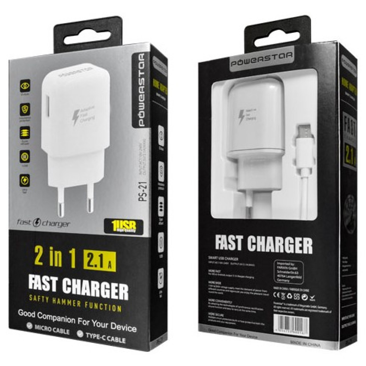 Φορτιστής Fast Charger  PowerStar  ®  PS-21  fast Charger 2in1 5V 2.1A USB σε micro USB - 4183 - Λευκό